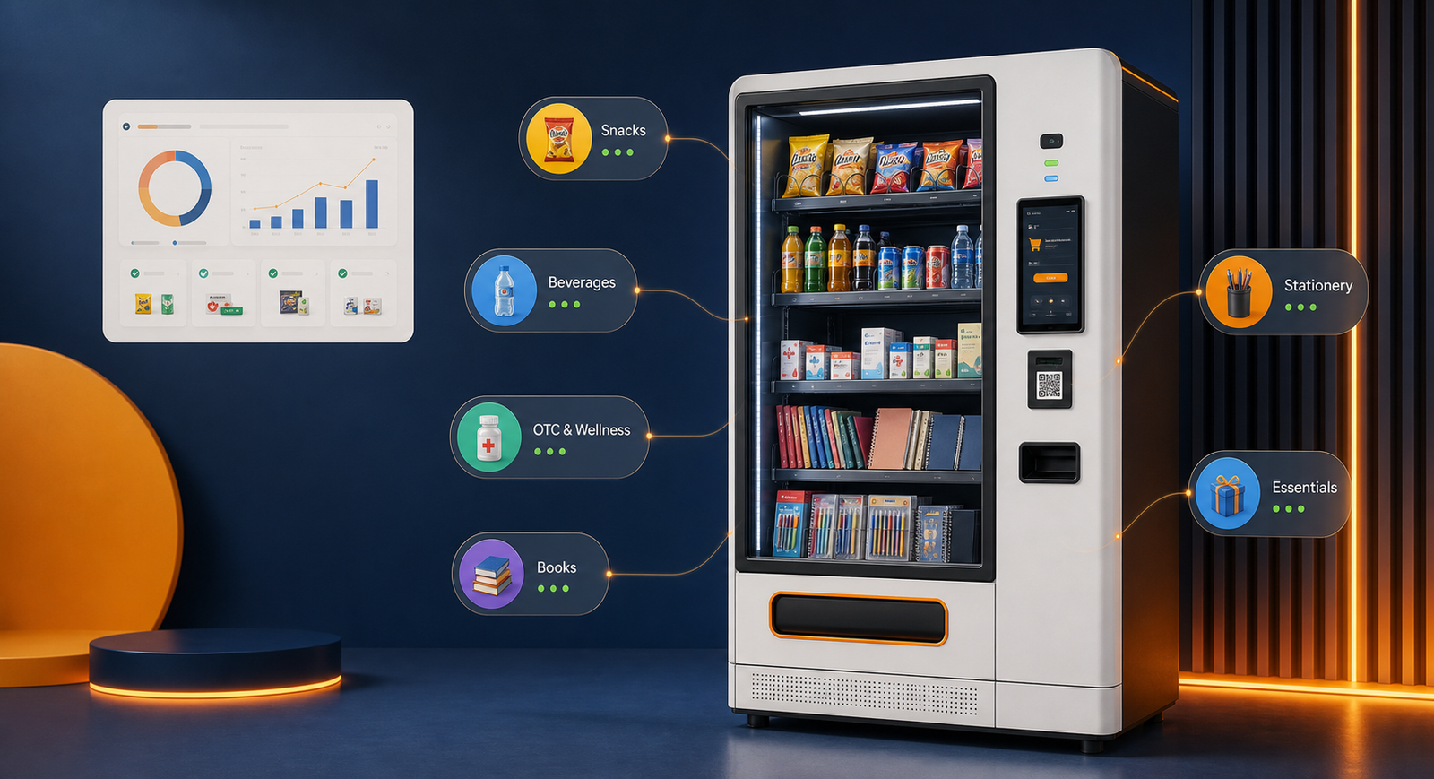 Smart multi-product vending machine for snacks beverages OTC books and stationery